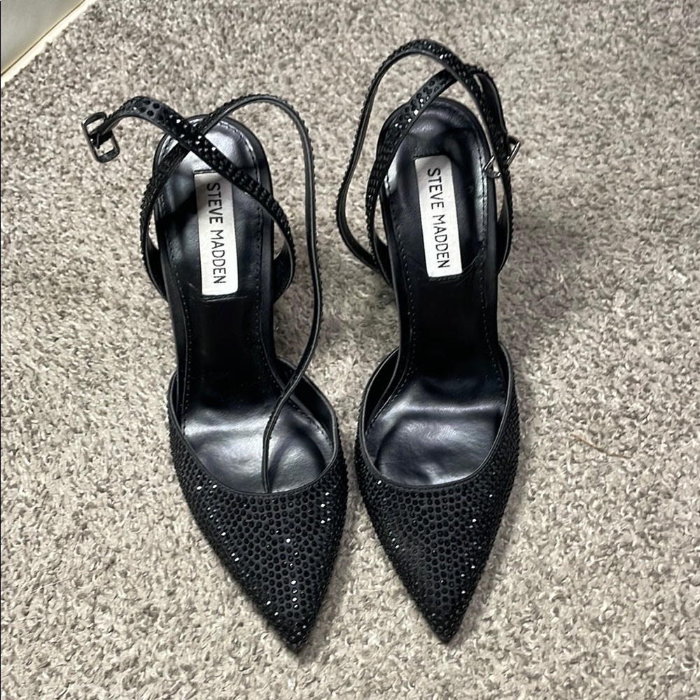 Steve Madden Jeweled Black Stiletto Heels with Ankle Straps - Picture 2 of 4